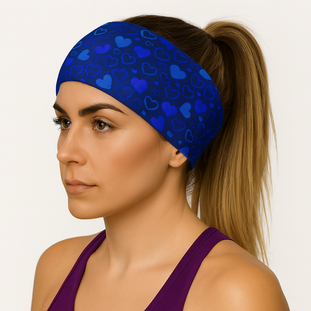 Woman wearing a blue headband with heart patterns on a white background