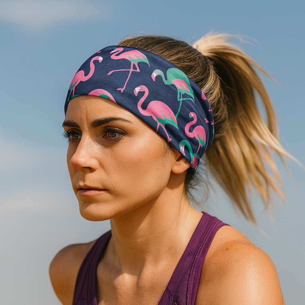 Woman wearing a headband with flamingo pattern against a clear sky