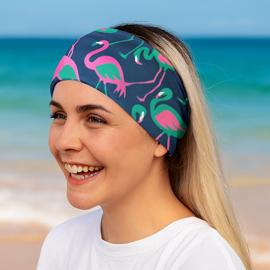 Woman wearing a headband with flamingo pattern on a beach