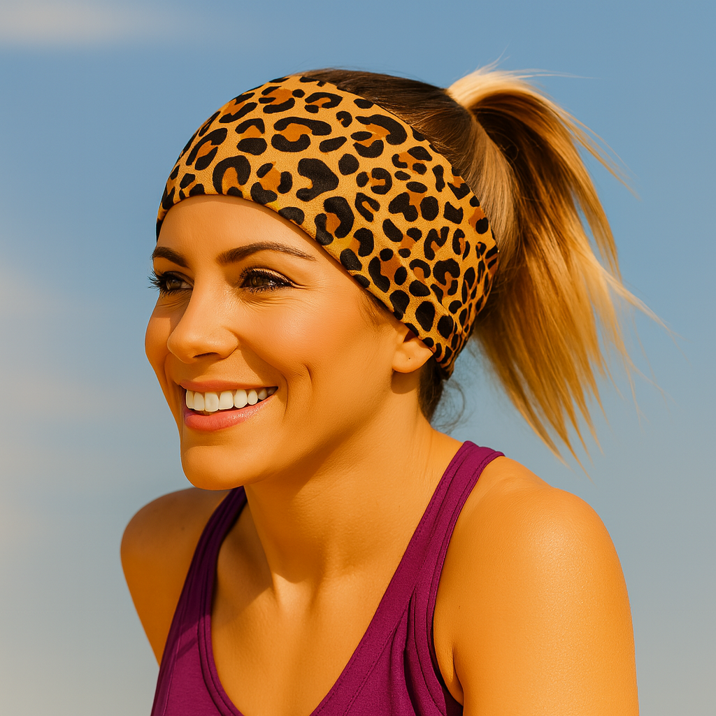 Woman wearing a leopard print headband against a clear blue sky
