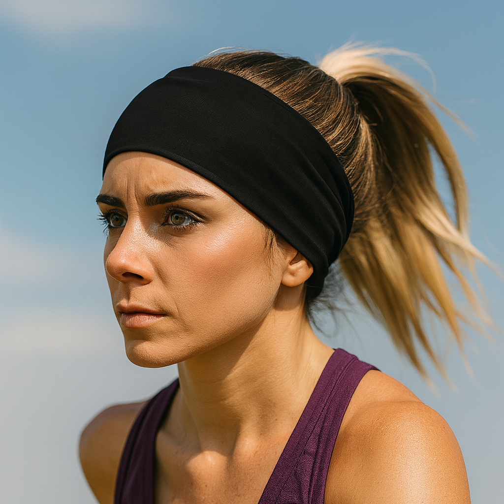 Woman wearing a black headband against a clear blue sky