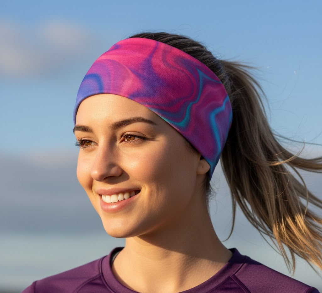 Woman wearing a colorful headband with a clear blue sky in the background