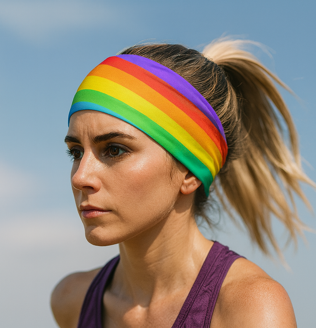 Woman wearing a rainbow headband against a clear blue sky
