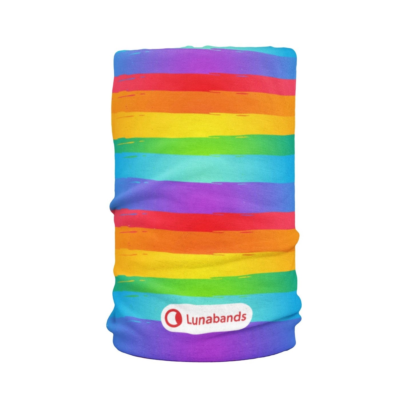 A colorful Lunabands Painted Rainbow multi-use headband and bandana featuring a vibrant rainbow design. Made from soft, seamless, and stretchy polyester microfiber, it is shown in a tubular shape, ideal for activities like running, hiking, cycling, and yoga. Perfect for use as a headband, face covering, neck gaiter, or scarf.