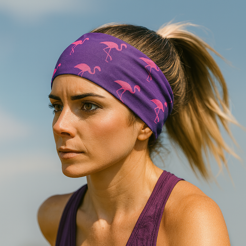 Woman wearing a purple headband with pink flamingo patterns against a clear sky.