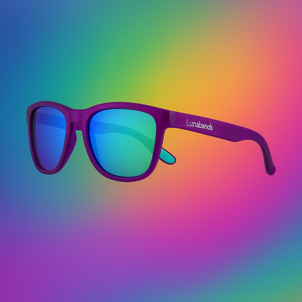 Lunabands Purple Marathon Running sunglasses polarised UV400 lenses, non-slip grip, Ocean plastic frame