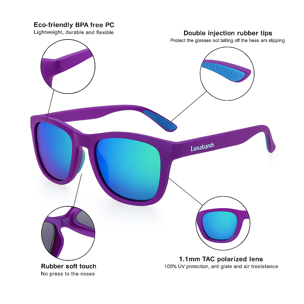Lunabands Purple Marathon Running sunglasses polarised UV400 lenses, non-slip grip, Ocean plastic frame