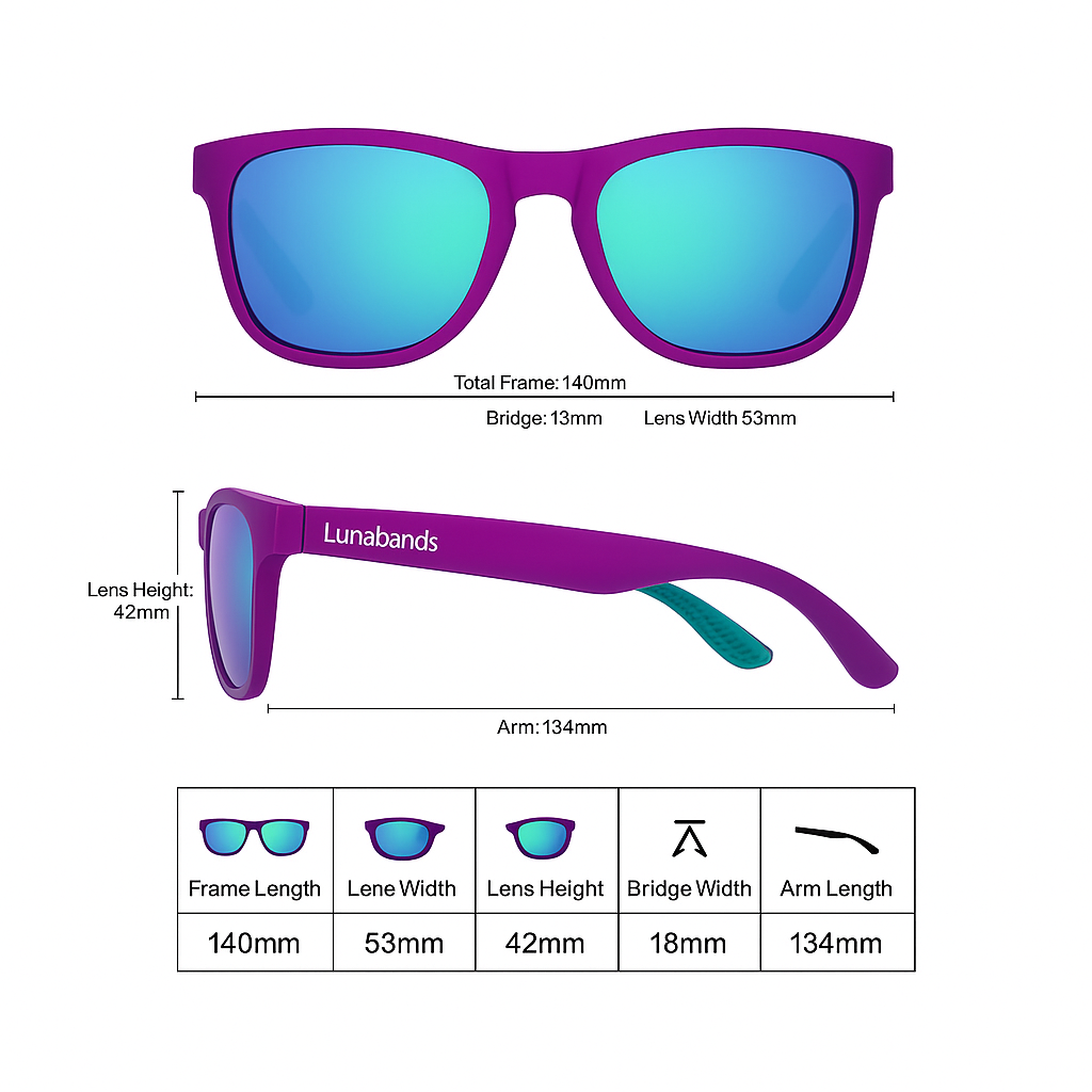 Lunabands Purple Marathon Running sunglasses polarised UV400 lenses, non-slip grip, Ocean plastic frame