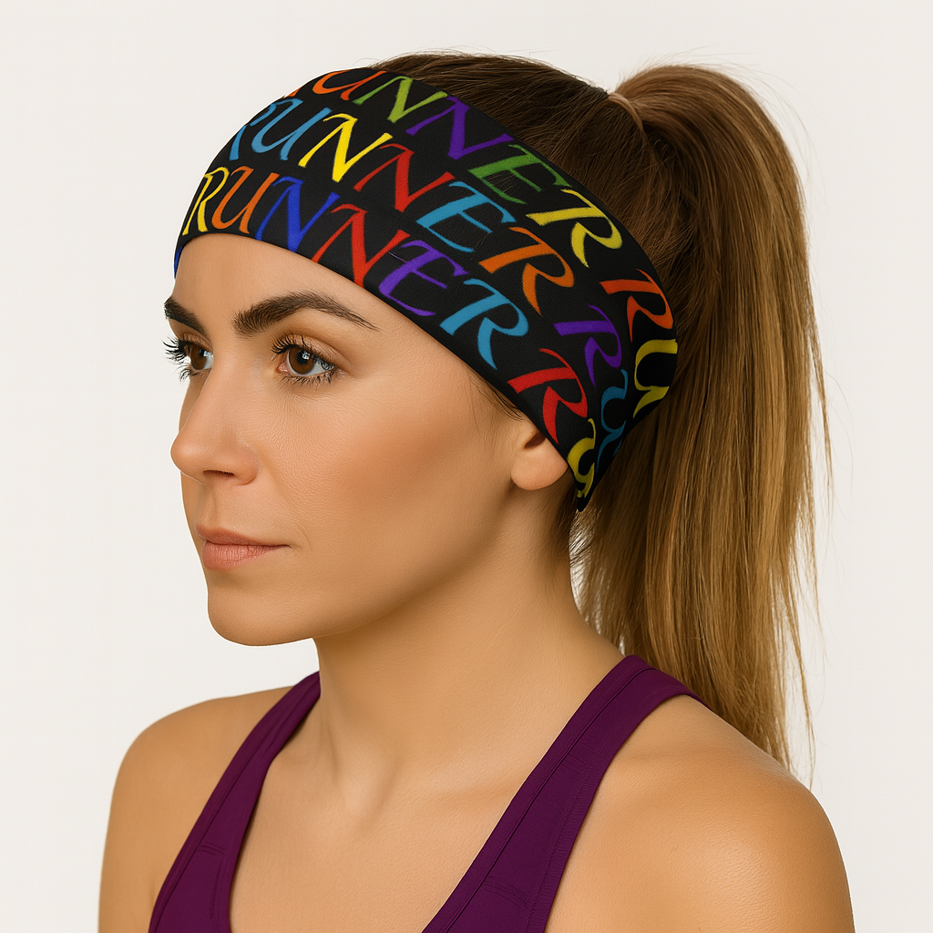 Woman wearing a colorful 'RUNNER' headband on a plain background