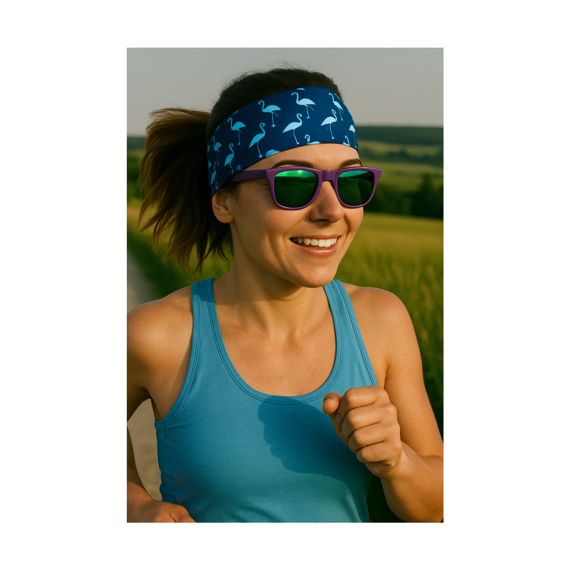 Woman running outdoors wearing a blue headband and sunglasses