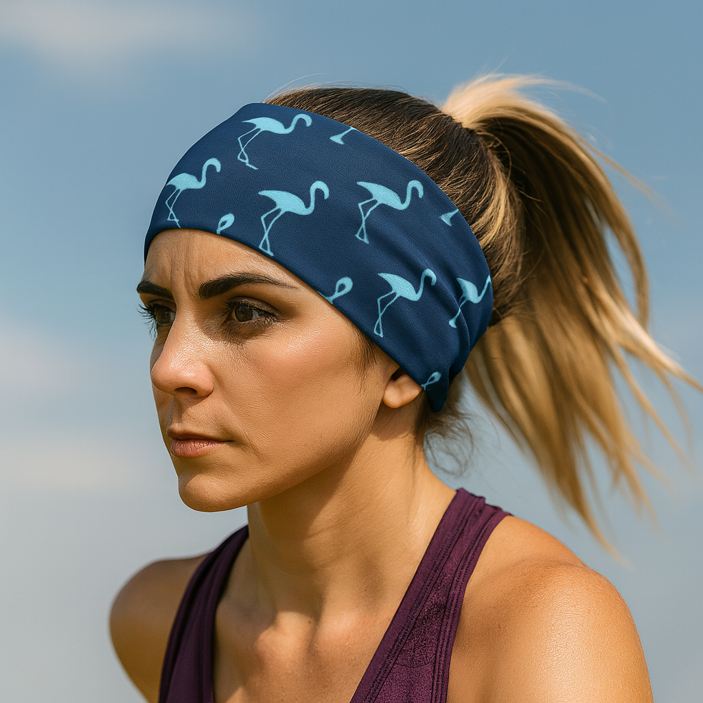 Woman wearing a blue headband with flamingo pattern against a clear sky.