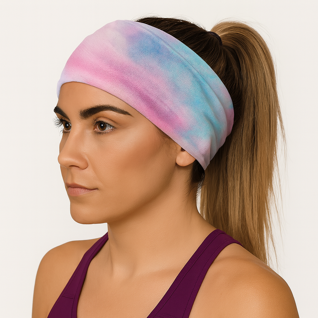 Woman wearing a colorful headband and purple top on a white background