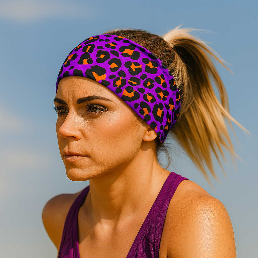 Woman wearing a purple headband with a leopard print pattern against a clear blue sky.