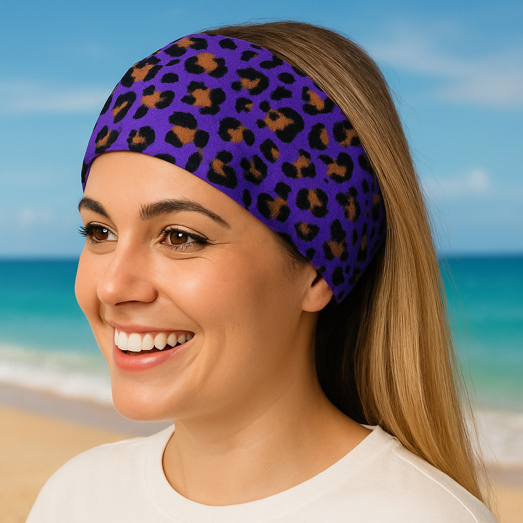 Woman wearing a purple leopard print headband with a beach background