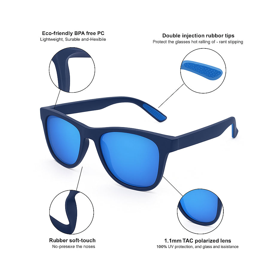 Lunabands navy sunglasses with blue polarised UV400 lenses, non-slip grip, and eco-friendly ocean plastic frame